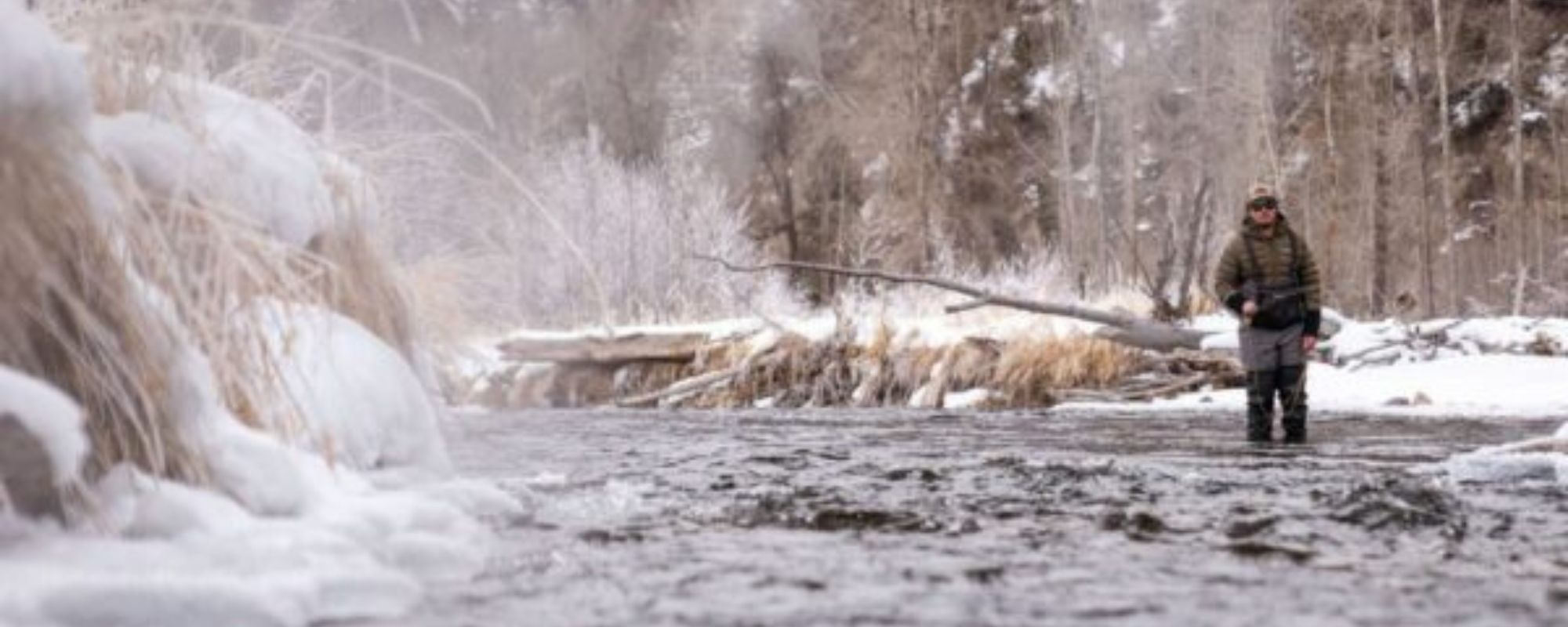 angler stands in a river during winter while fly fishing