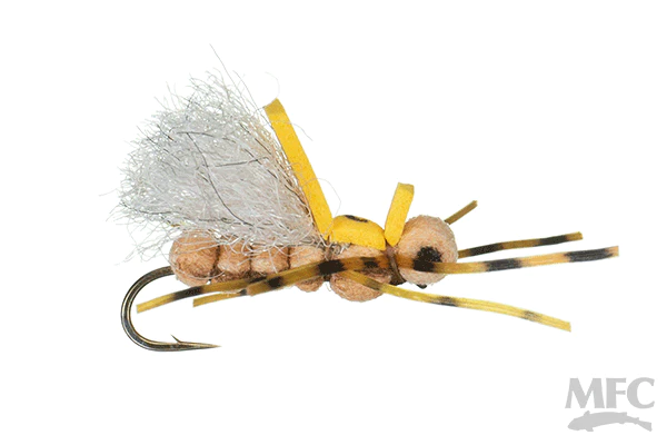 big tan hopper fly pattern with yellow back and black barred legs