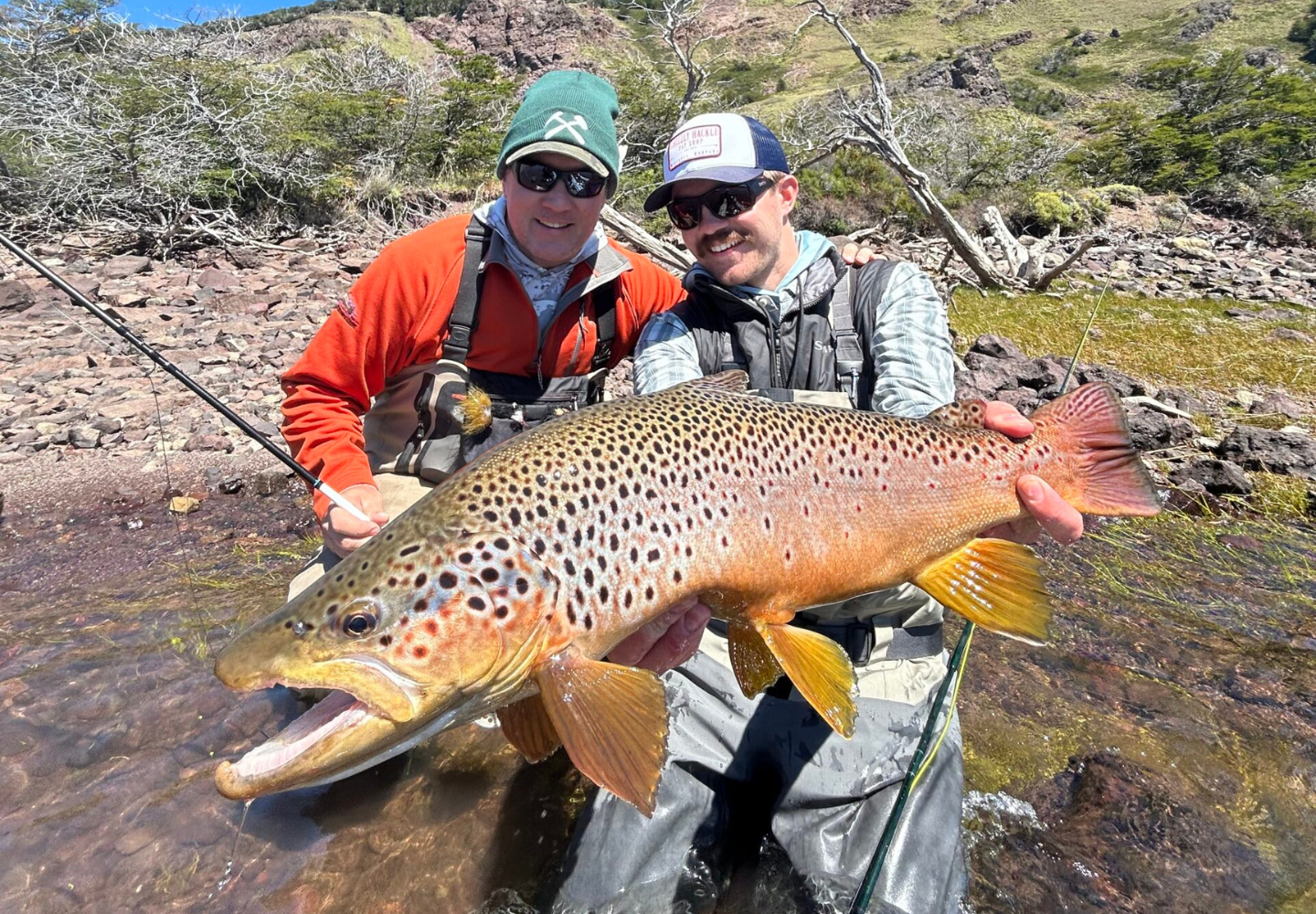 two men hold a large brown trout in a stream